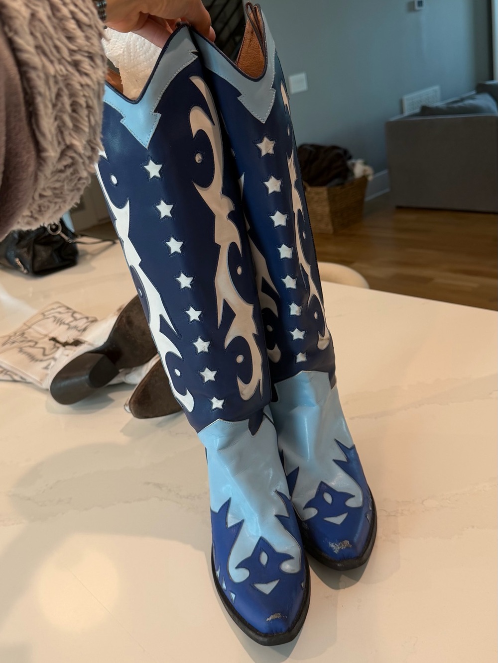Jeffrey Campbell Two-Tone Blue Western Knee-High Heeled Boots - Picture 3 of 5